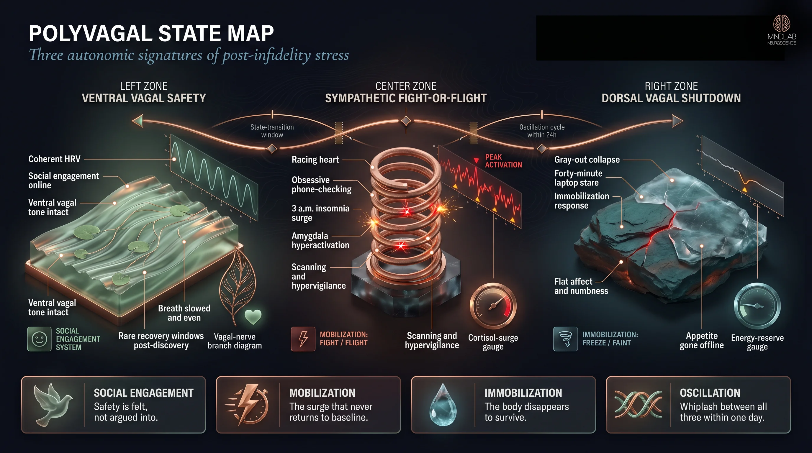 Polyvagal autonomic-state map comparing ventral vagal safety, sympathetic fight-or-flight, and dorsal vagal shutdown with their specific post-infidelity behavioral signatures — Dr. Sydney Ceruto, MindLAB Neuroscience.