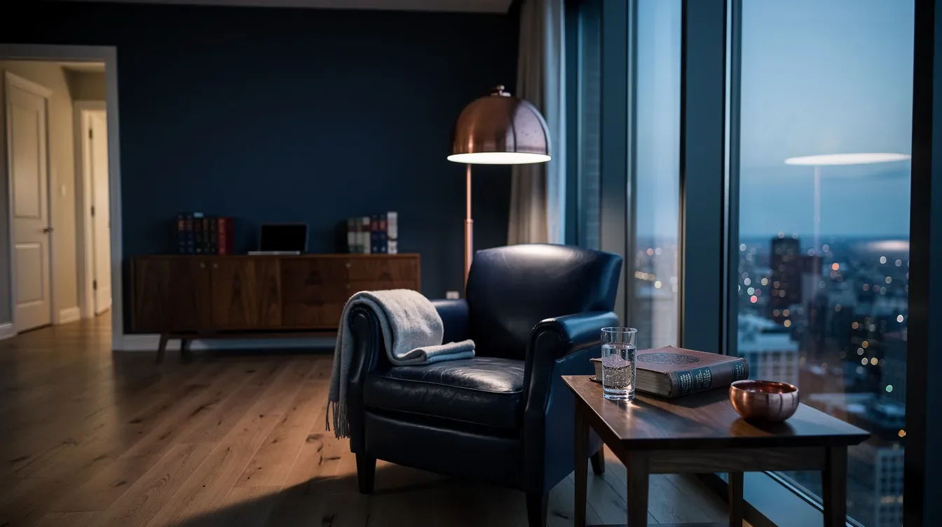 A 3 a.m. residential study — a dark leather reading chair, a brushed-copper floor lamp, a side table with a worn neuroscience hardcover and a glass of water, a city skyline through floor-to-ceiling glass — in cool predawn light, conveying the insomnia pattern of post-infidelity PTSD — Dr. Sydney Ceruto, MindLAB Neuroscience.