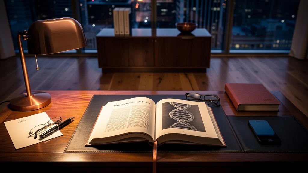 Private study at dusk with behavioral-genetics volume open on walnut desk and subtle neuroscience anchor — Dr. Sydney Ceruto, MindLAB Neuroscience.