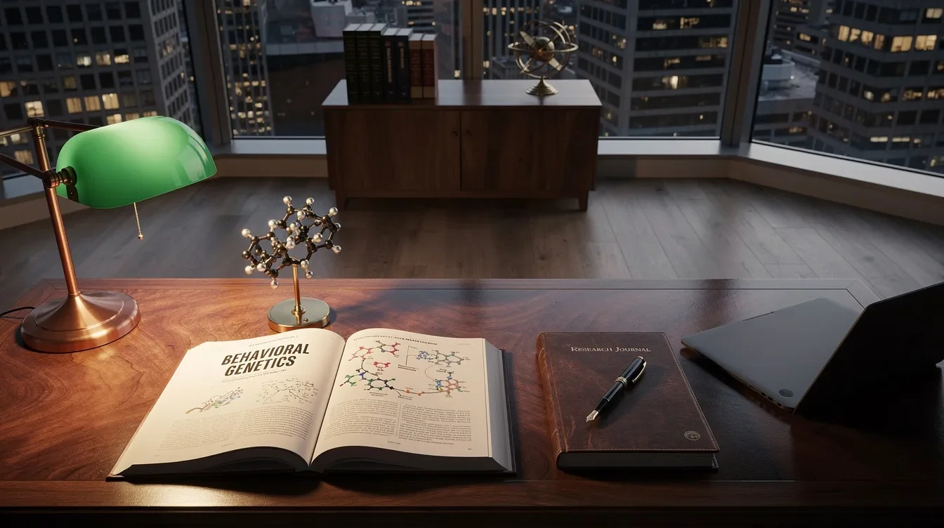 Behavioral genetics private study editorial — walnut desk with ball-and-stick molecular model on brushed brass stand, warm directional light — Dr. Sydney Ceruto, MindLAB Neuroscience.