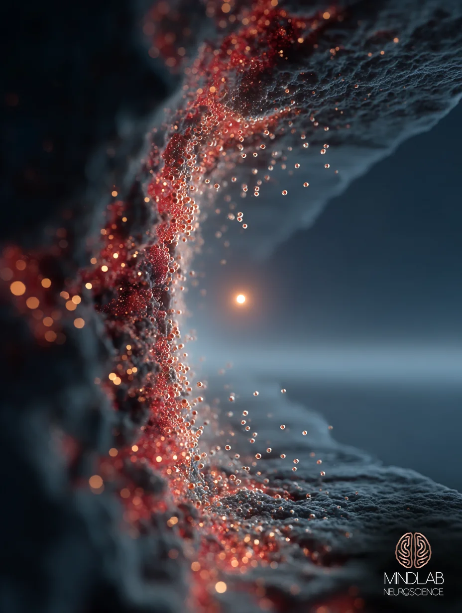 Serotonergic synapse MAO-A enzyme degradation close-up — vesicles releasing serotonin copper-rose against navy — Dr. Sydney Ceruto, MindLAB Neuroscience.