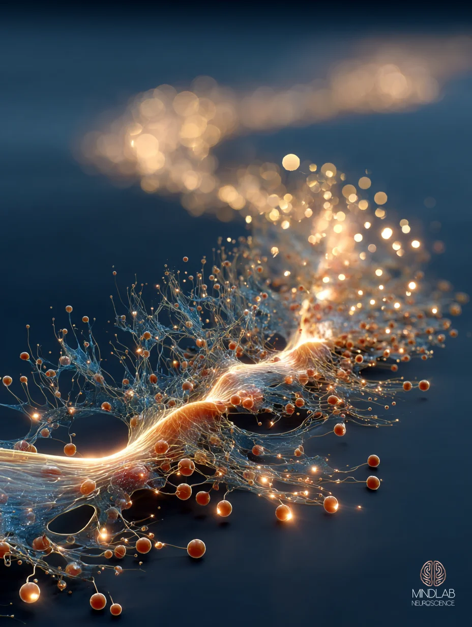 A single sharp-wave ripple firing across the CA1 pyramidal layer rendered as luminous copper striations — Dr. Sydney Ceruto, MindLAB Neuroscience.