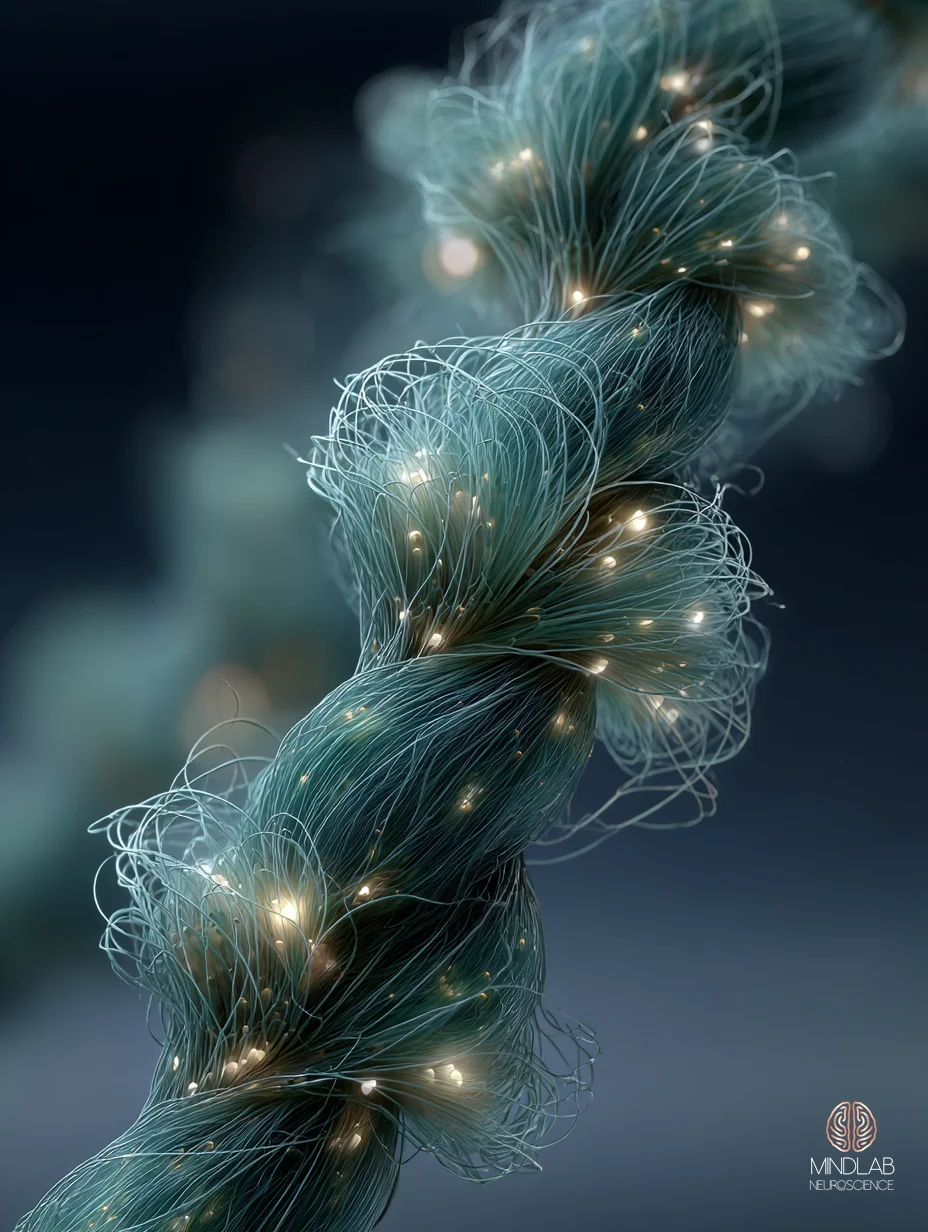 Close-up scientific rendering of the amygdala-medial-prefrontal white-matter tract — Dr. Sydney Ceruto, MindLAB Neuroscience.