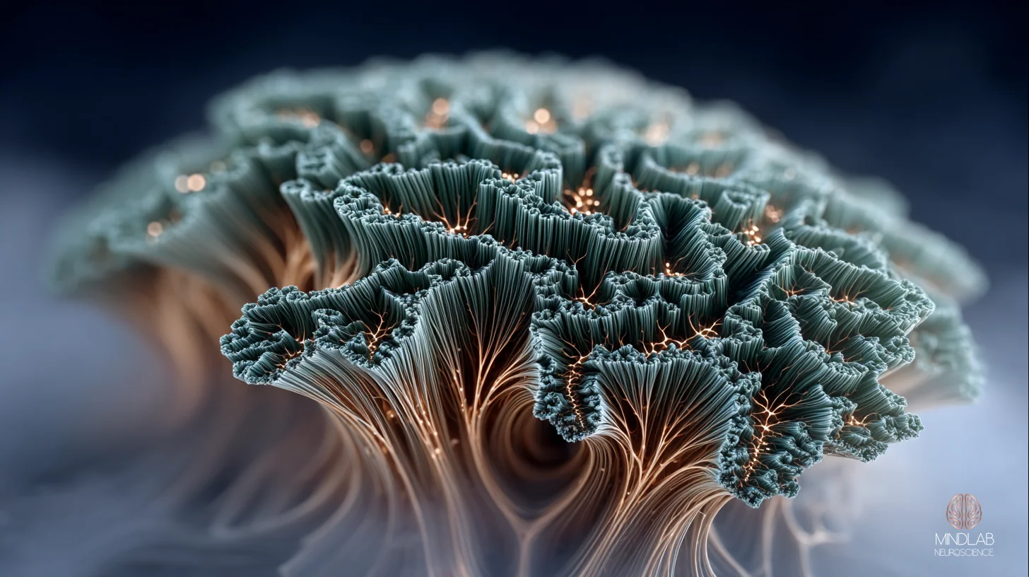 Macro visualization of the insular cortex, the deeply folded interoceptive region buried within the lateral sulcus that integrates visceral body signals into conscious feeling. Its gyri and sulci rise like cathedral vaulting, evoking the structure where the brain&rsquo;s body-loop and as-if body-loop signals converge — Dr. Sydney Ceruto, MindLAB Neuroscience.