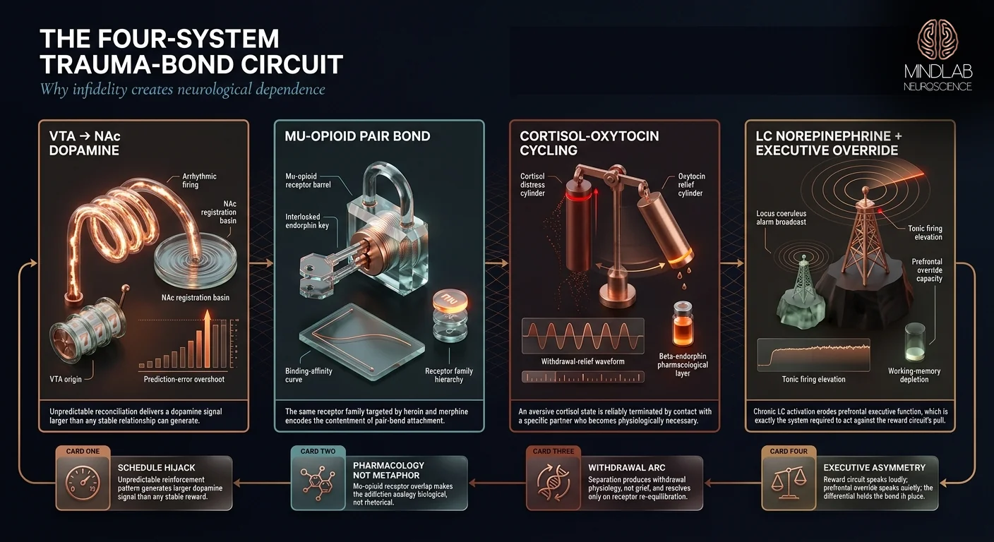 Trauma bonding four-system circuit — VTA-NAc dopamine, mu-opioid pair bond, cortisol-oxytocin axis, and locus coeruleus hyperarousal diagram. Dr. Sydney Ceruto, MindLAB Neuroscience.