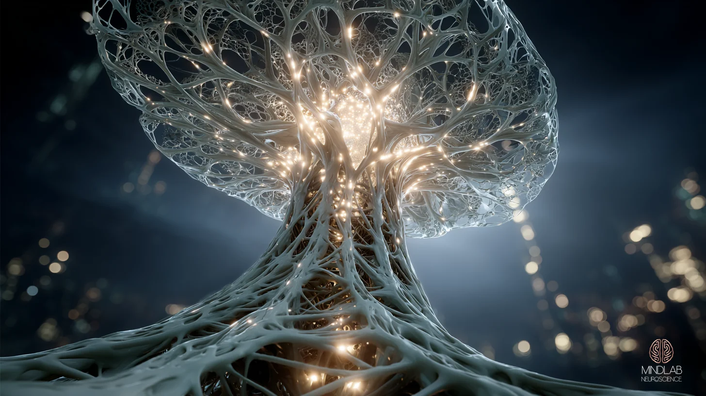 Atmospheric scientific rendering of the brainstem nucleus ambiguus visualized as a cathedral-like architectural column at the core of the social engagement system, with cranial nerve filaments radiating outward toward face, middle-ear, vocal, and cardiac destinations. Sage-green metallic structure rises through volumetric fog in a deep navy field, the integrative hub where ventral vagal output coordinates expression, prosody, and heart rhythm. — Dr. Sydney Ceruto, MindLAB Neuroscience.