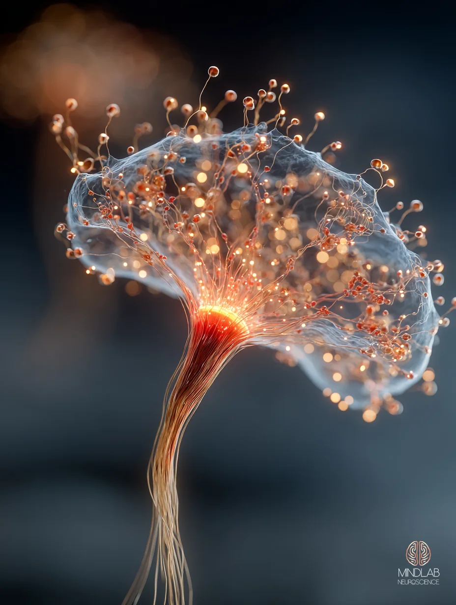 Medial prefrontal cortex and posterior cingulate cortex shown as coupled filaments — the default mode network hub — Dr. Sydney Ceruto, MindLAB Neuroscience.