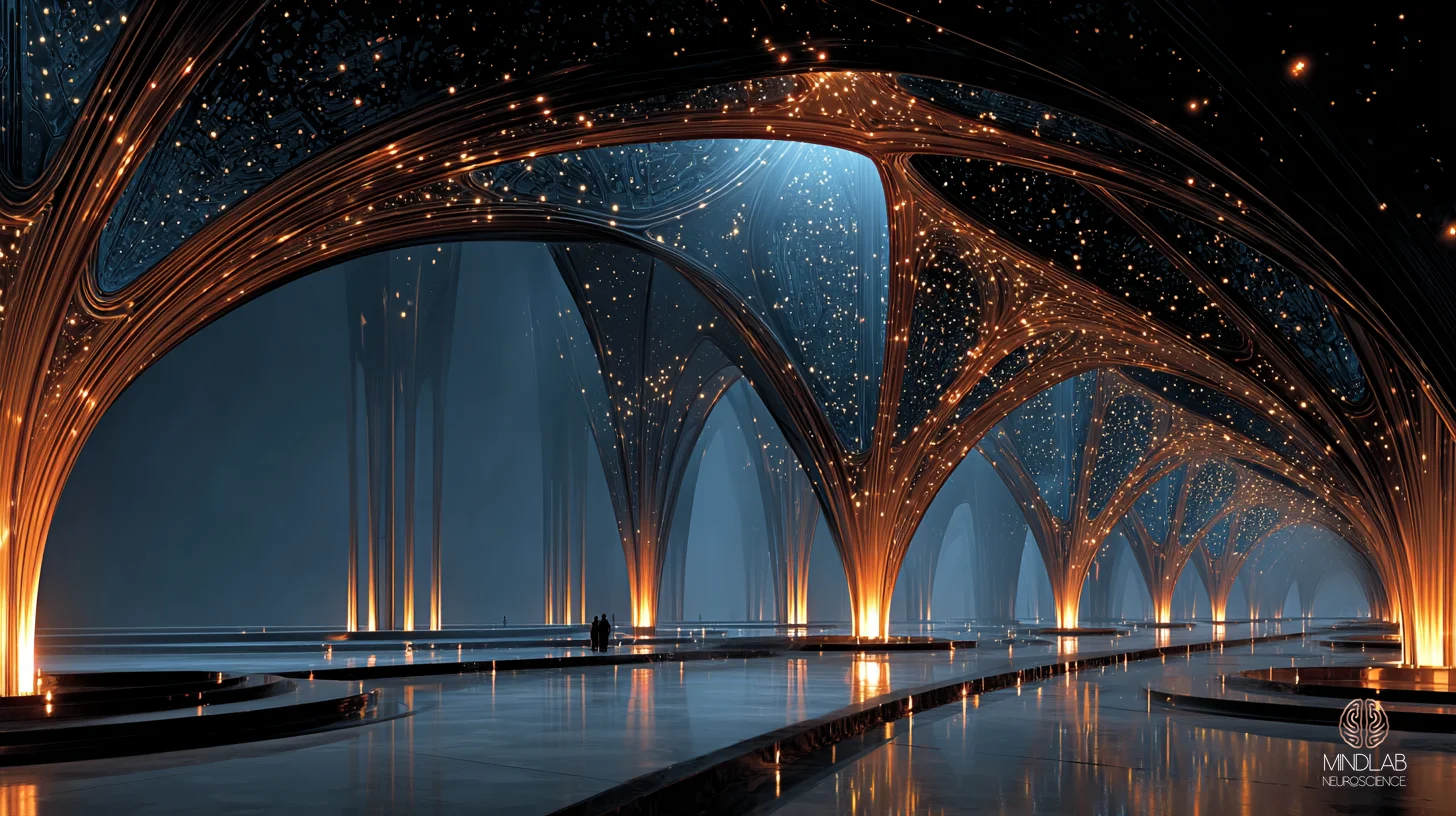 Bilateral dorsolateral prefrontal cortex and posterior parietal cortex rendered as a vaulted architectural span in deep navy with warm copper structural ribs — the frontoparietal central executive network engaged in a coordinated focus state, with the salience network calibrated at appropriate gain rather than firing at parity with every stimulus. The image depicts the trained, recalibrated attention state achieved through repeated insula-ACC coupling, progressive LC-NE loading, and cholinergic signal-to-noise restoration — Dr. Sydney Ceruto, MindLAB Neuroscience.