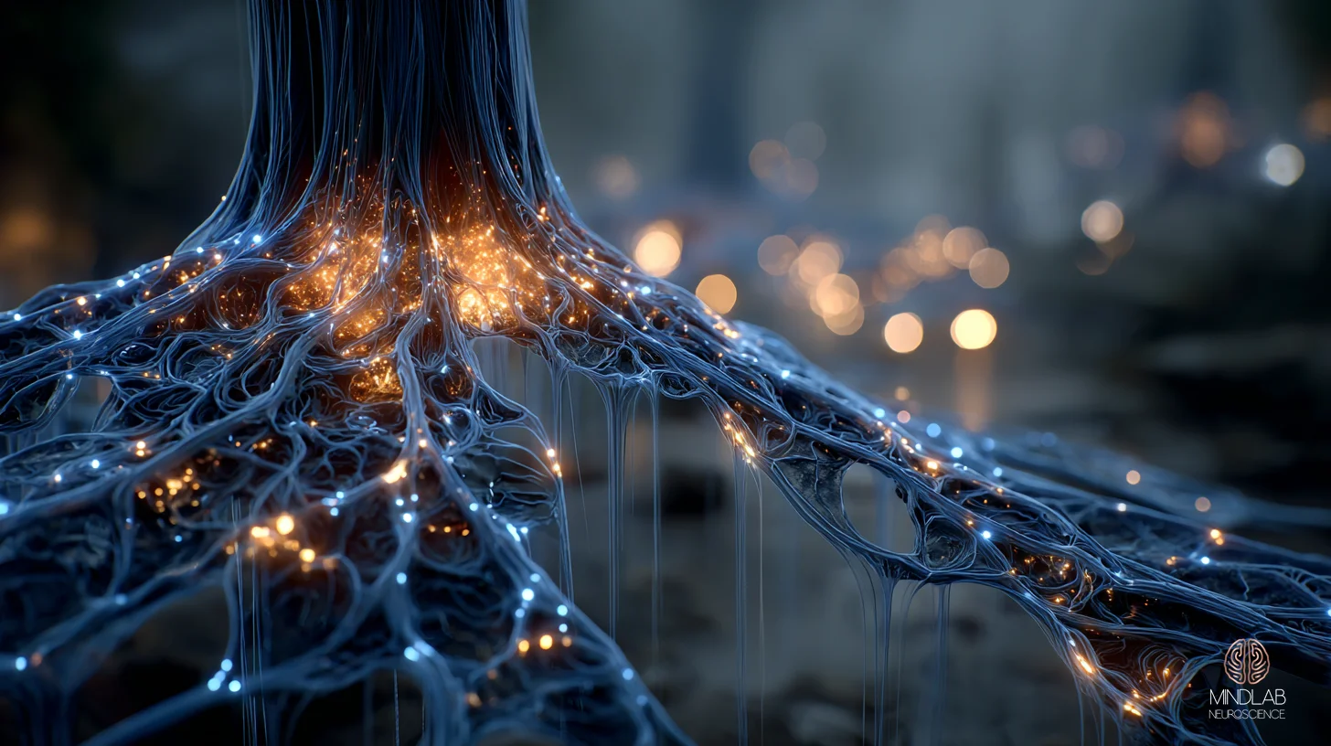 Restored fronto-hippocampal coupling visualized as a deep neural root system, with prefrontal cortex and hippocampus reconnected through stable inhibitory pathways and the salience network rendered at calibrated rather than elevated gain. The image depicts the circuit at rest in its designed working state — coherent, anchored, and resilient. — Dr. Sydney Ceruto, MindLAB Neuroscience.