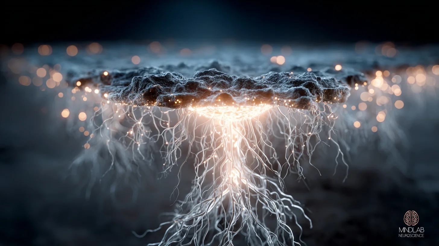 Recalibrated mesolimbic reward architecture rendered as a living root system, with the prefrontal cortex sending strengthened executive tendrils downward into the ventral tegmental area and nucleus accumbens. The image depicts top-down inhibitory coupling and BDNF-driven plasticity reorganizing the reward circuit into a grounded, resilient configuration — Dr. Sydney Ceruto, MindLAB Neuroscience.