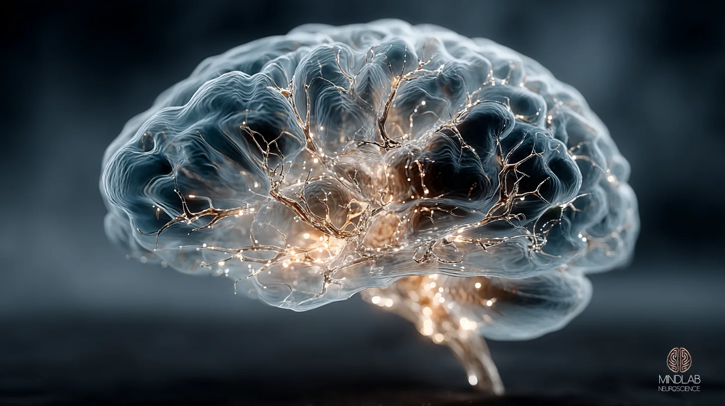 Default mode network architecture in deep navy with copper filaments — Dr. Sydney Ceruto, MindLAB Neuroscience.