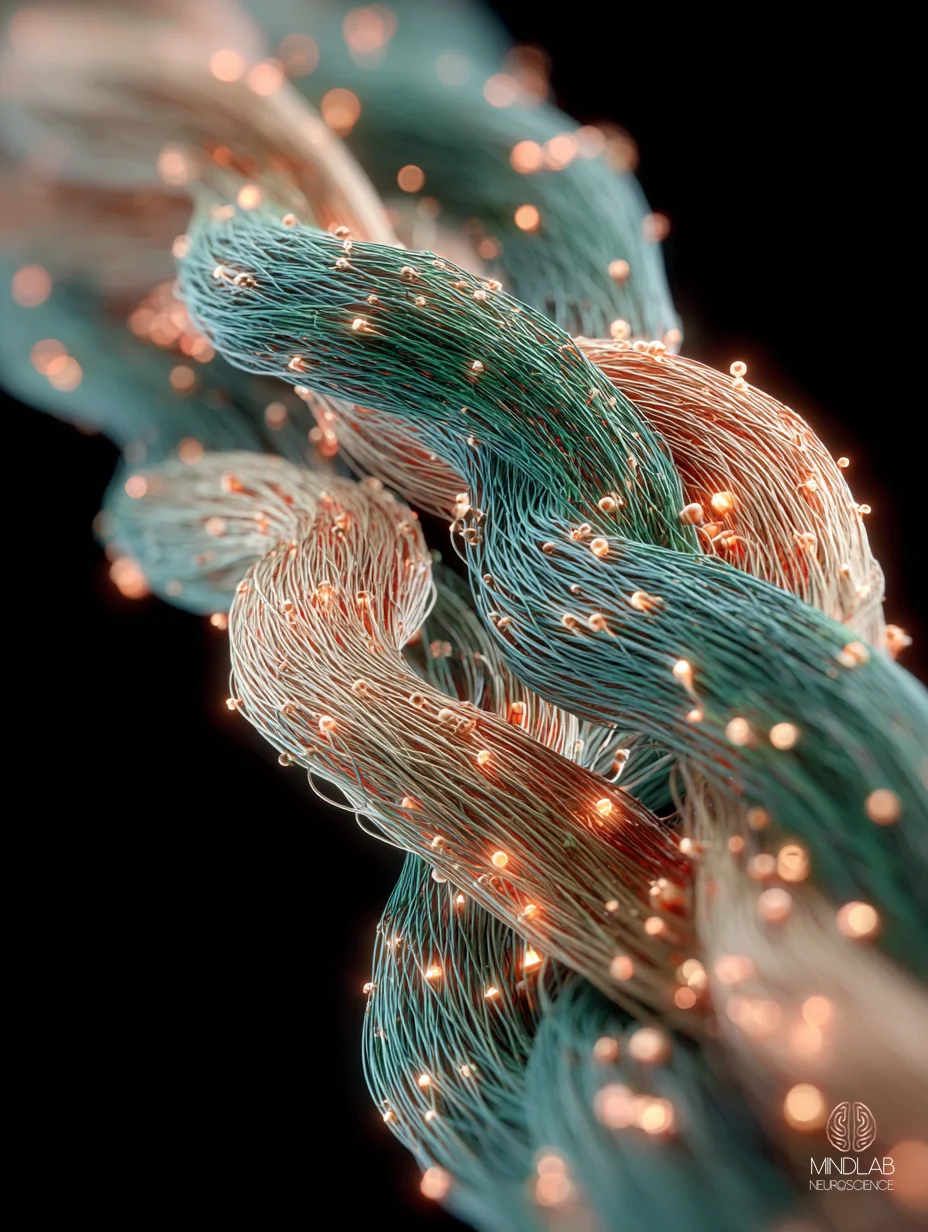 Macro close-up of fornix pathway white-matter microstructure — Dr. Sydney Ceruto, MindLAB Neuroscience.