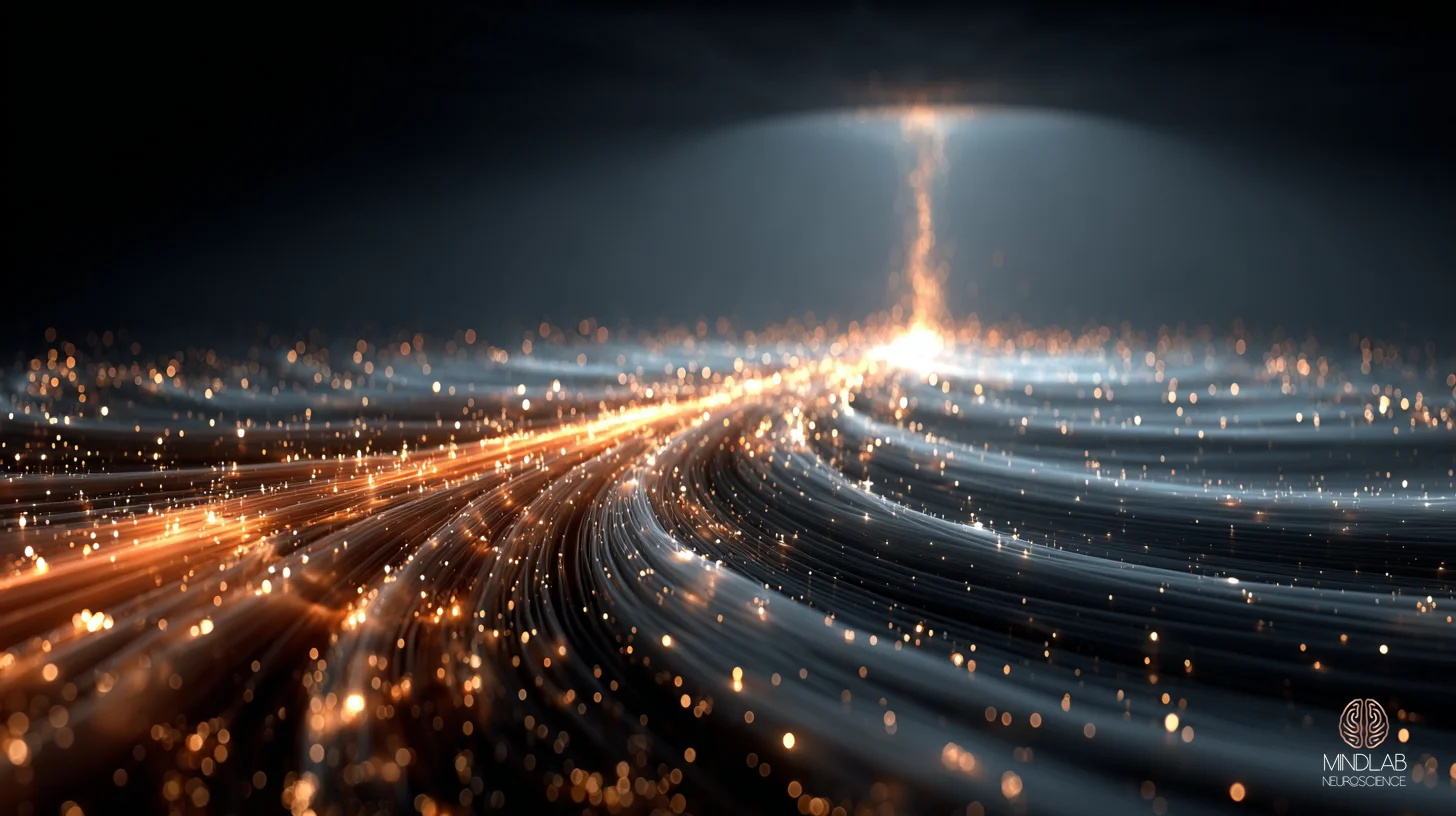 Atmospheric scientific rendering of the corticostriatal projection pathway — glutamatergic cortical fibers descending in parallel tracks from the cortical mantle into the dorsal striatum below. The image visualizes the intervention site where pattern interruption acts on the action repetition system, with signal flow rendered as flowing copper filament tracks against deep navy-black space — Dr. Sydney Ceruto, MindLAB Neuroscience.