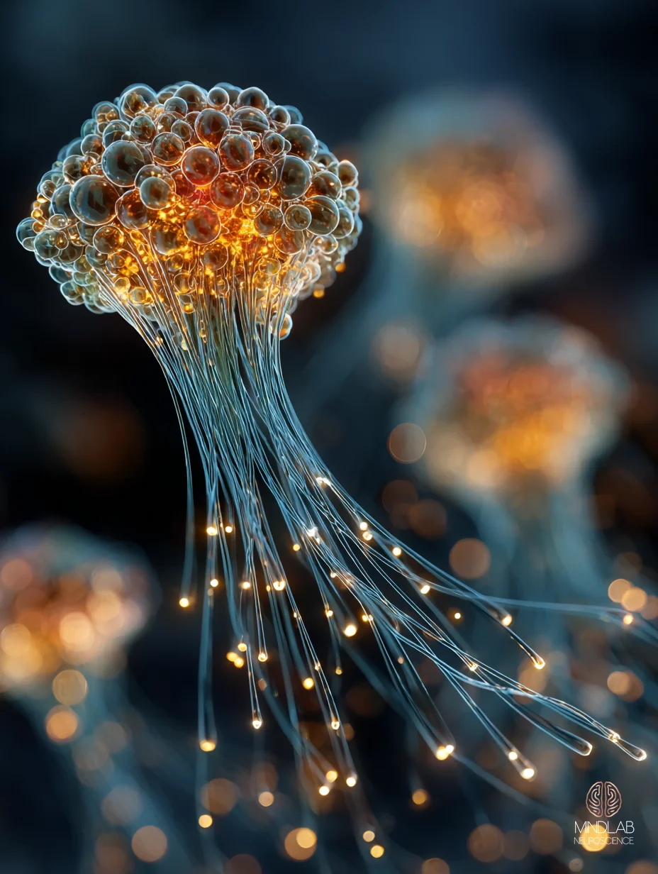 A close-up cellular view of locus coeruleus neurons projecting noradrenergic fibers to the amygdala and prefrontal cortex — the pre-dawn arousal generator that converts a cortisol signal into conscious waking — Dr. Sydney Ceruto, MindLAB Neuroscience.