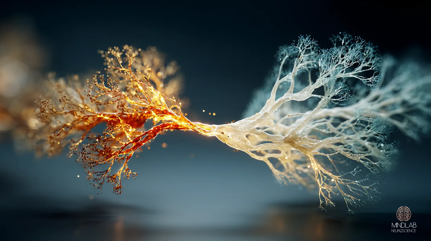 A split macro visualization of REM sleep architecture rendered as two contrasting neural root systems — on the left, fragmented, severed filaments depicting interrupted second-half REM cycles under nocturnal HPA activation; on the right, intact, continuously flowing root networks depicting consolidated REM cycles and the sleep-dependent emotional regulation they enable. The image illustrates how cortisol intrusion in the final third of the night shears the brainstem-cortical rhythms responsible for overnight emotional processing — Dr. Sydney Ceruto, MindLAB Neuroscience.